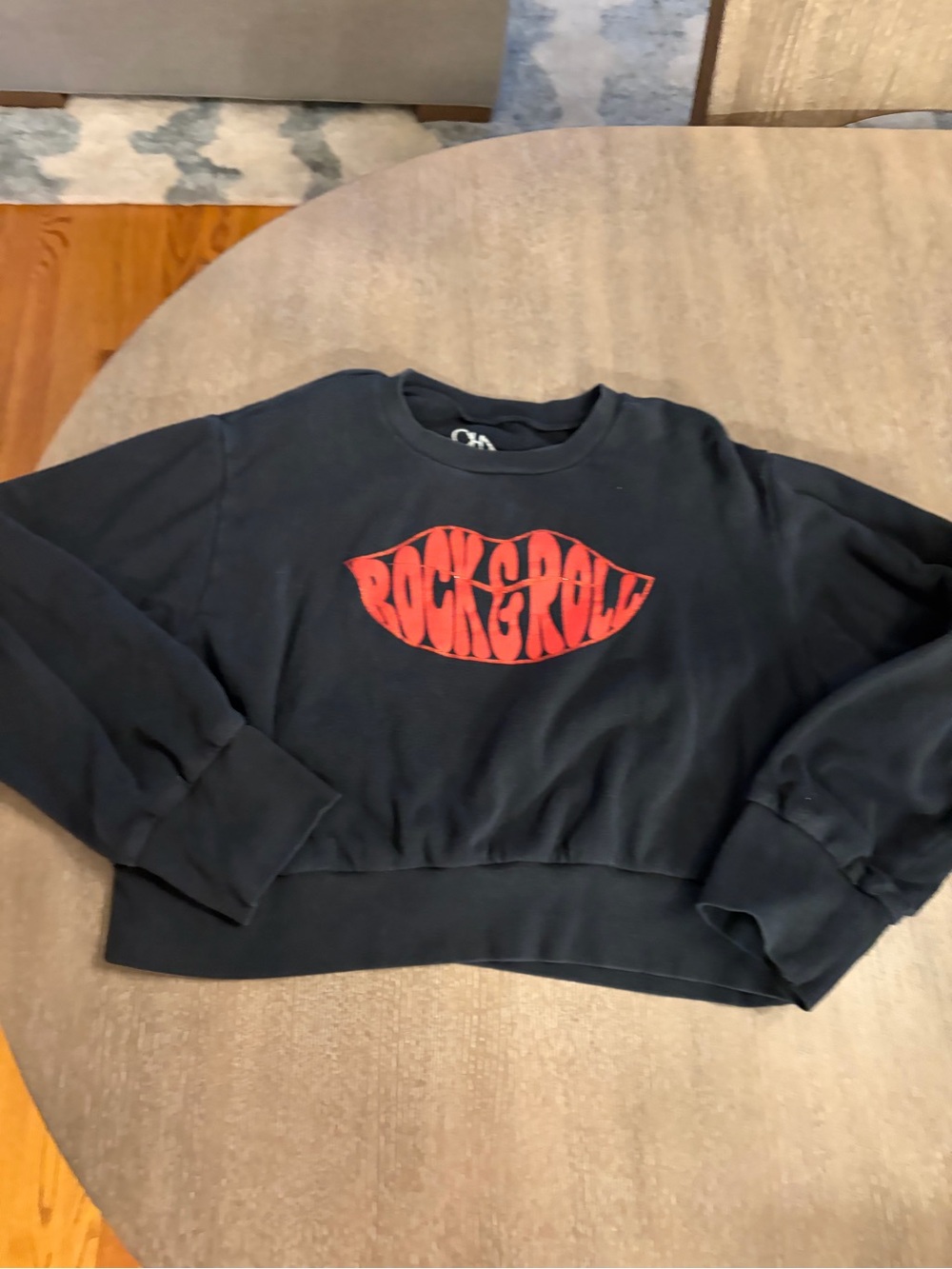 Chaser Black Cropped Crewneck Sweatshirt with Red 'Rock & Roll' Graphic